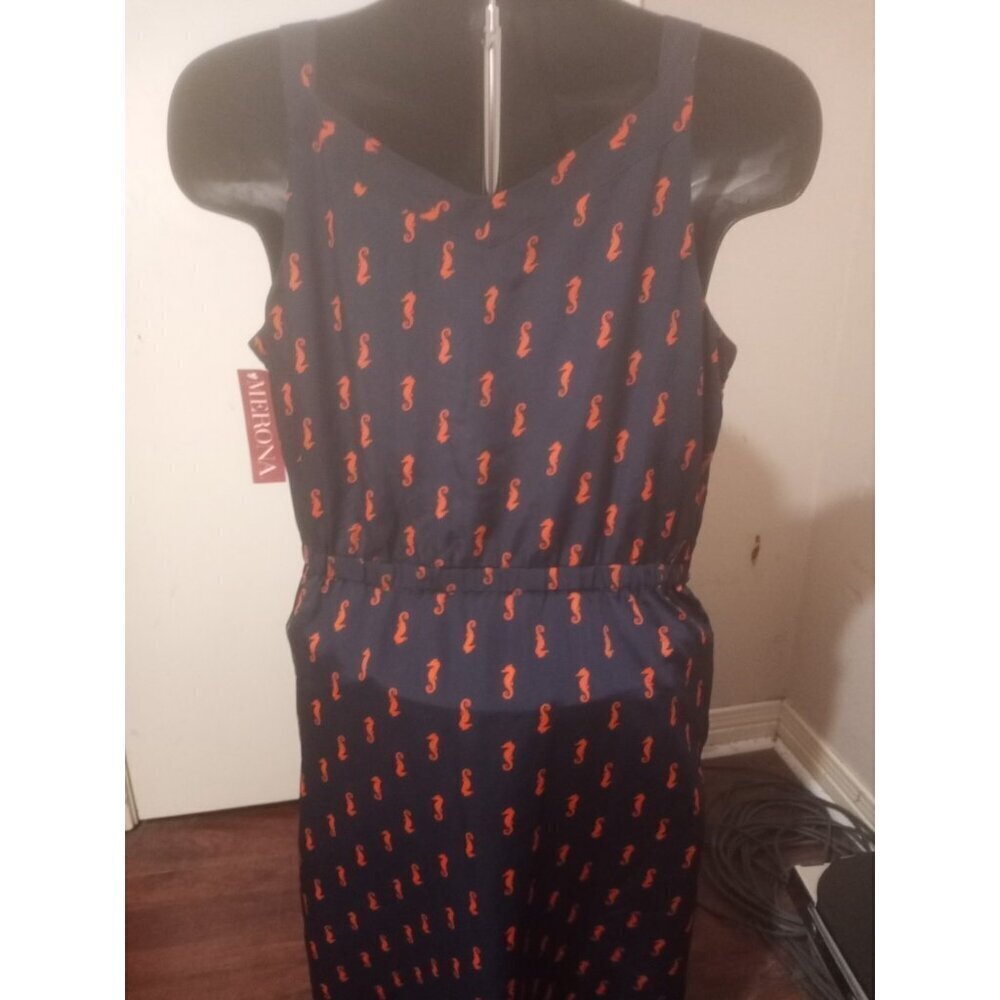 New Merona Navy Salmon Seahorse Print Flare Coastall Sleeveless Mini Dress XL - Picture 7 of 11